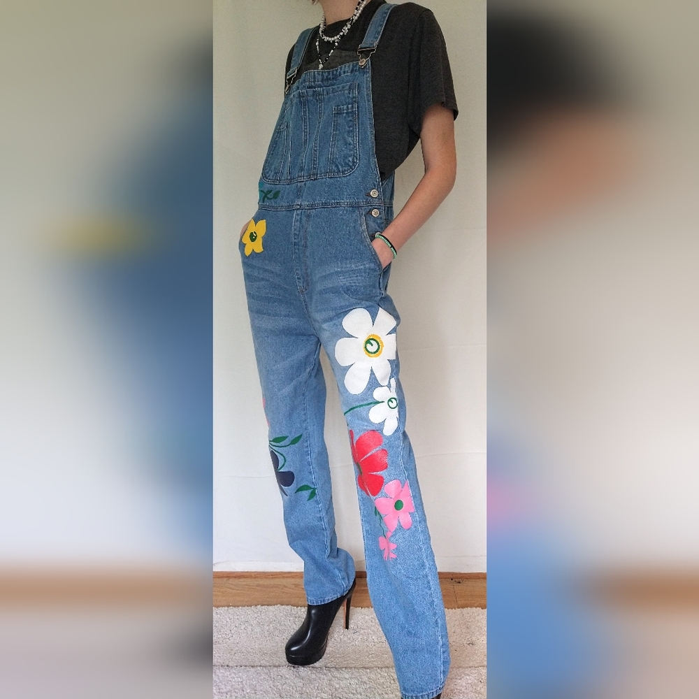 MISSLOOK Bright Flower Panted Denim Distressed Overalls Junior 2XL